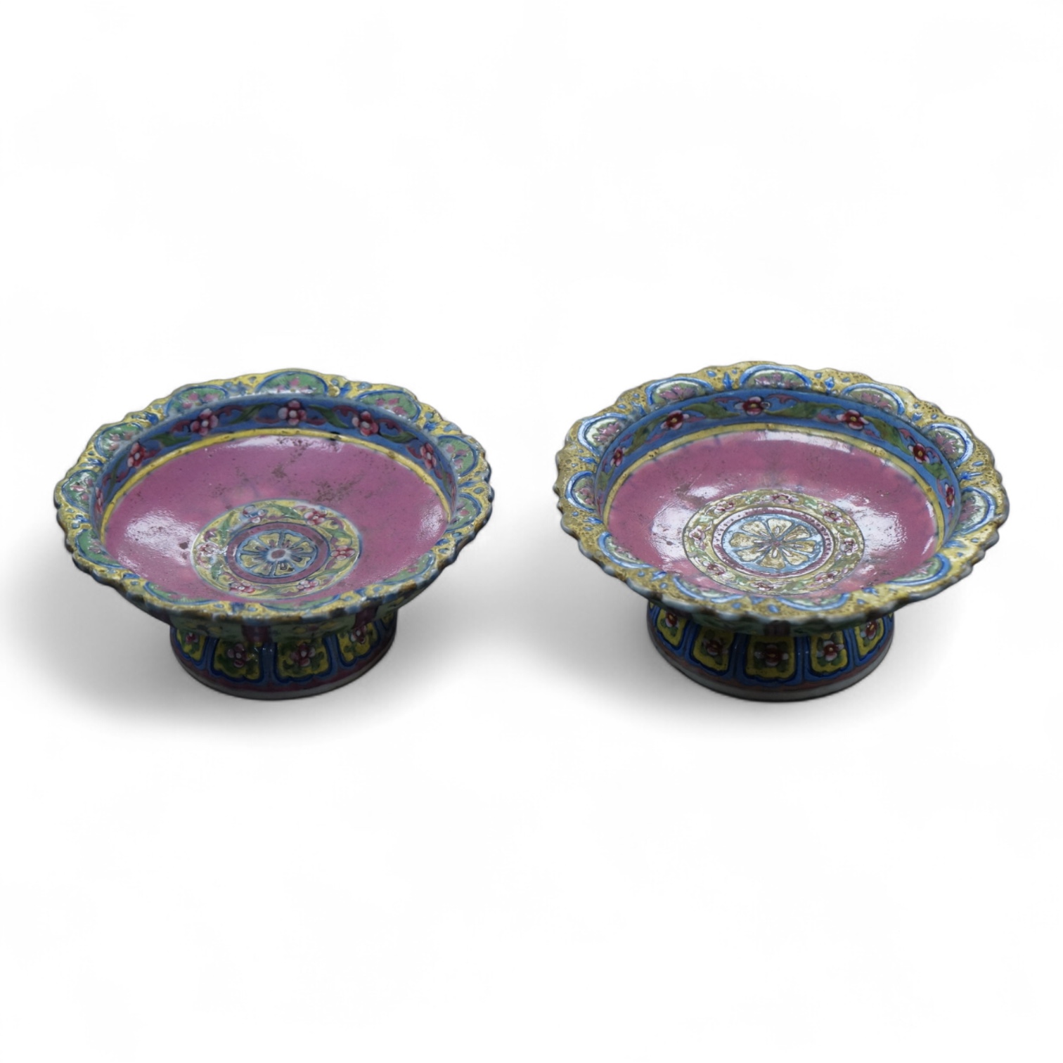 A pair of 19th century Chinese Straits enamelled porcelain stem dishes, top 11cm diameter